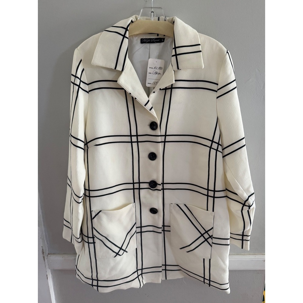 High Secret Cream Black Windowpane Plaid Blazer Jacket‎ Women's Large NWT